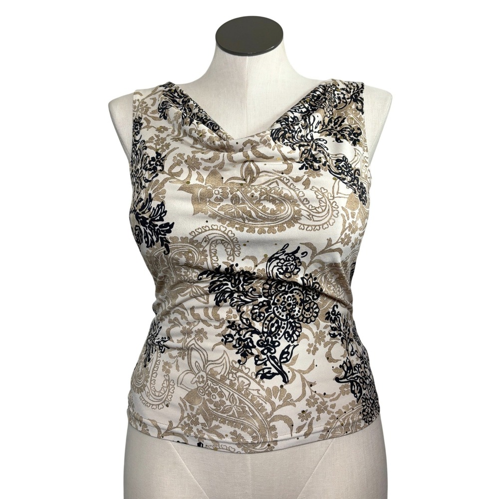 B-Works Byer California Womens Cowl Neck Paisley Sequin Tank Top Beige Black Lrg